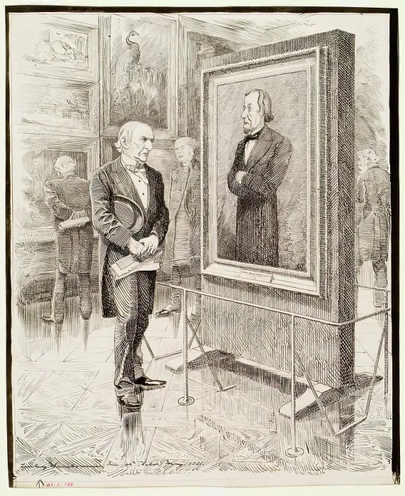 Framed Print : W.E. Gladstone Looking at a Portrait of Disraeli, Lord Beaconsfield, by Sir J.E. Millais, 1881. Creator: Edward Linley Sambourne Framed Print : W.E. Gladstone Looking at a Portrait of Disraeli, Lord Beaconsfield, by Sir J.E. Millais, 1881. Creator: Edward Linley Sambourne