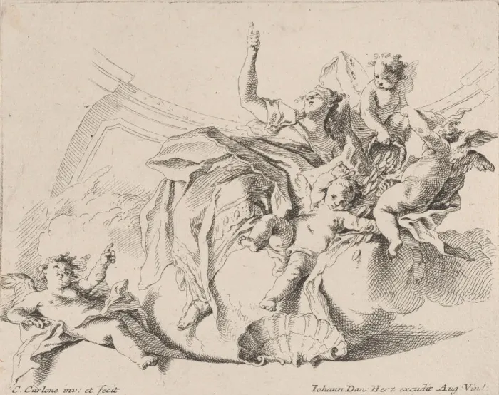 Framed Print : Wealth, represented by a woman seated on clouds and surrounded by putti, one of whom is Framed Print : Wealth, represented by a woman seated on clouds and surrounded by putti, one of whom is