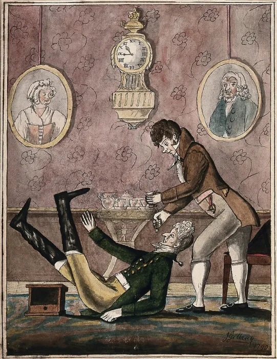Framed Print : A wealthy patient falls over having a tooth extracted with vigour by a fashionable dentist, 1790. Creator: Unknown Framed Print : A wealthy patient falls over having a tooth extracted with vigour by a fashionable dentist, 1790. Creator: Unknown