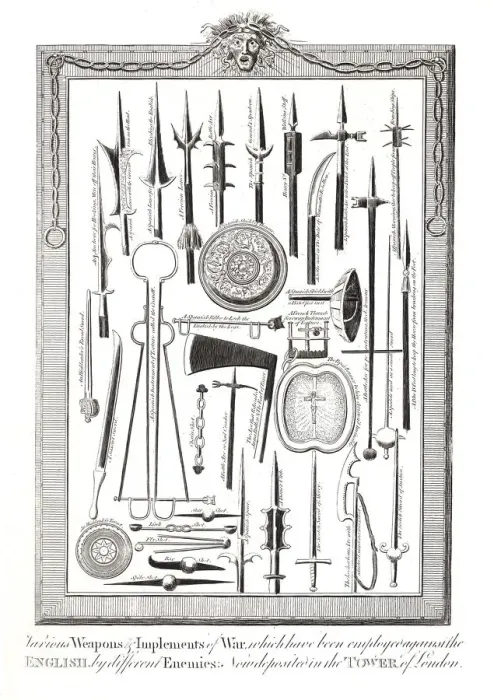 Framed Print : Weapons and Implements of War used against the English by various enemies Framed Print : Weapons and Implements of War used against the English by various enemies