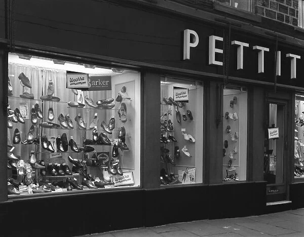 Wearra shoes, shop window display, Mexborough, South Yorkshire, 1960