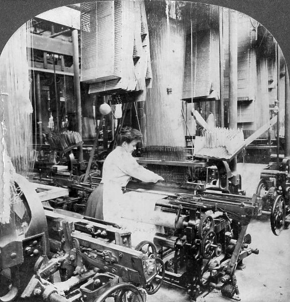 Weaving linen fabric, Montreal, Canada, early 20th century. Artist: Keystone View Company