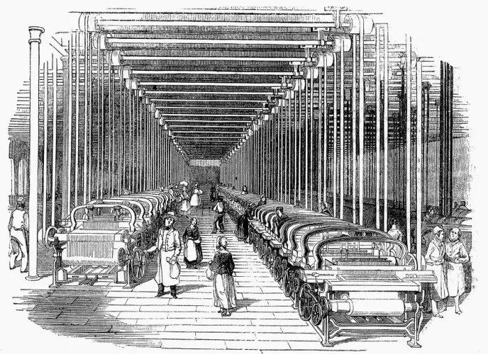 Framed Print : Weaving shed fitted with rows of power looms driven by belt and shafting, c1840 Framed Print : Weaving shed fitted with rows of power looms driven by belt and shafting, c1840