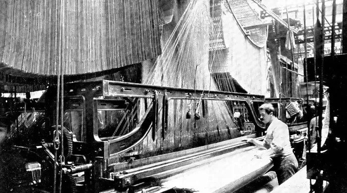 Framed Print : Weaving three-yard-wide quilts: a large jacquard loom in use, 1909. Creator: Unknown Framed Print : Weaving three-yard-wide quilts: a large jacquard loom in use, 1909. Creator: Unknown