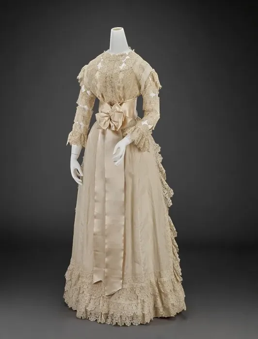 Framed Print : Wedding Dress (Skirt, Bodice, Petticoat, Two Sleeves, Two Mitts, Sash, Bow, Waist Piece), 1898. Creator: Unknown Framed Print : Wedding Dress (Skirt, Bodice, Petticoat, Two Sleeves, Two Mitts, Sash, Bow, Waist Piece), 1898. Creator: Unknown