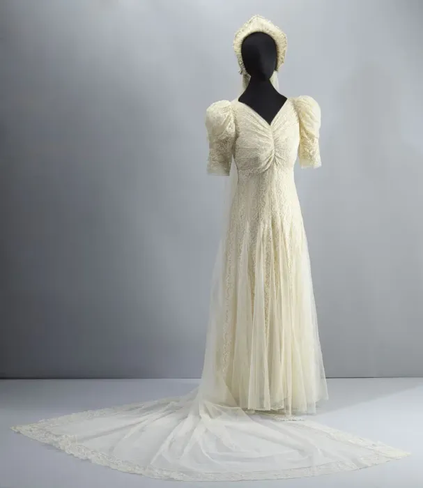 Framed Print : Wedding dress worn by Lollaretta Pemberton with veil and headpiece, 1939 Framed Print : Wedding dress worn by Lollaretta Pemberton with veil and headpiece, 1939