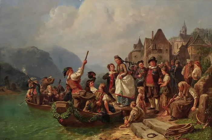 Framed Print : Wedding procession on the Rhine, ca 1860. Creator: Kindler, Albert (1833-1876) Framed Print : Wedding procession on the Rhine, ca 1860. Creator: Kindler, Albert (1833-1876)