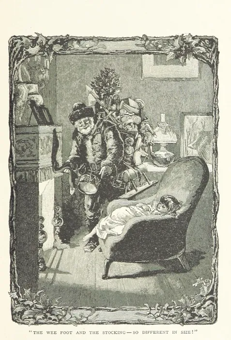 Framed Print : The wee foot and the stocking - so different in size!, 1894. Creator: Birch Framed Print : The wee foot and the stocking - so different in size!, 1894. Creator: Birch