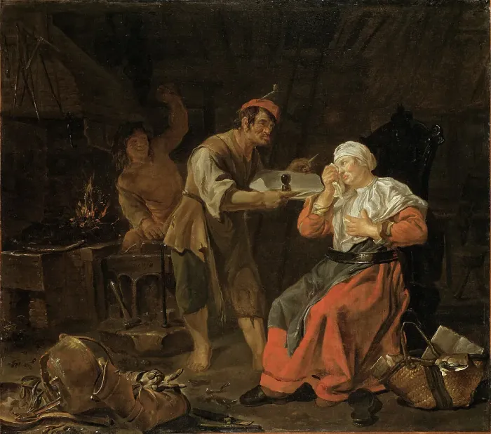 Framed Print : Weeping Woman in a Blacksmith's Shop, mid-17th century. Creator: Gabriel Metsu Framed Print : Weeping Woman in a Blacksmith's Shop, mid-17th century. Creator: Gabriel Metsu