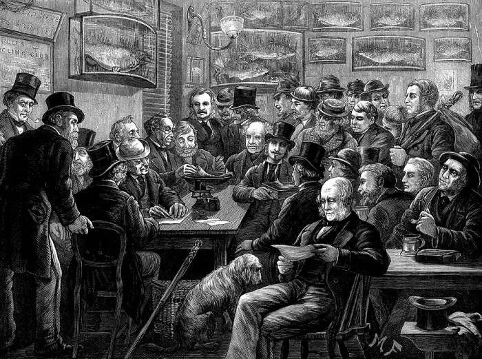 Framed Print : Weighing the fish at a London anglers club, 1873. Creator: Unknown. Weighing the fish at a London anglers club, 1873. Creator: Unknown Framed Print : Weighing the fish at a London anglers club, 1873. Creator: Unknown. Weighing the fish at a London anglers club, 1873. Creator: Unknown