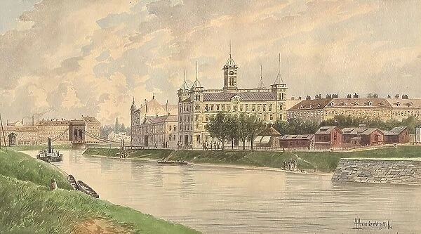 The Weissgärber Lände in Vienna with the Danube steamship building, 1895. Creator: Vincenz Havlicek