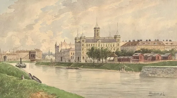 Framed Print : The Weissgärber Lände in Vienna with the Danube steamship building, 1895. Creator: Vincenz Havlicek Framed Print : The Weissgärber Lände in Vienna with the Danube steamship building, 1895. Creator: Vincenz Havlicek