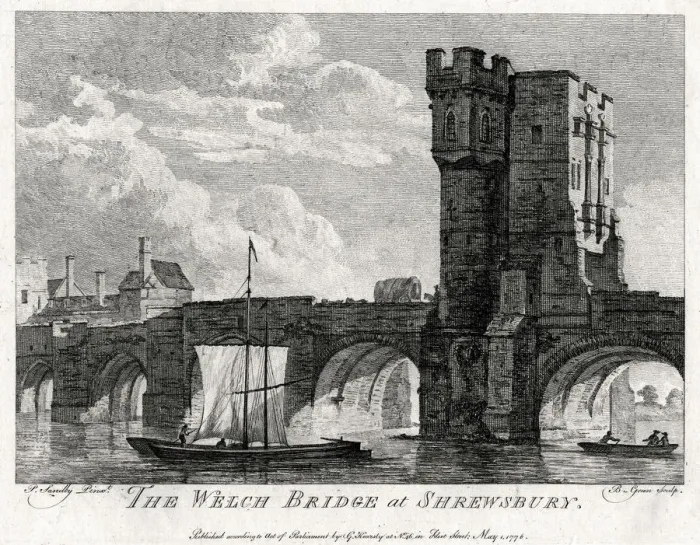 Framed Print : The Welch Bridge at Shrewsbury, Shropshire, 1776. Artist: B Green Framed Print : The Welch Bridge at Shrewsbury, Shropshire, 1776. Artist: B Green