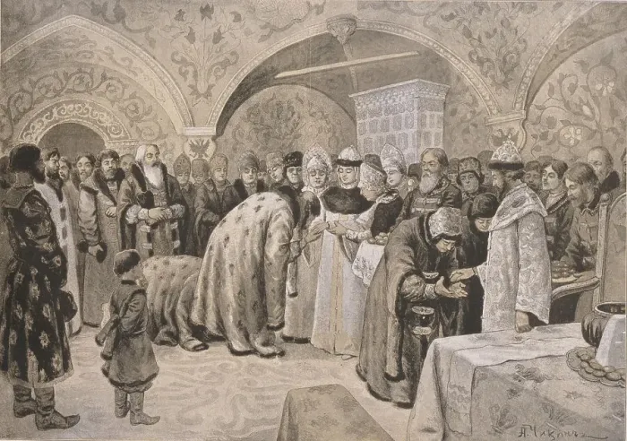Framed Print : Welcome to the Tsarina after the Easter Matins. Artist: Chikin, Alexander Andreyevich (1865-1924) Framed Print : Welcome to the Tsarina after the Easter Matins. Artist: Chikin, Alexander Andreyevich (1865-1924)