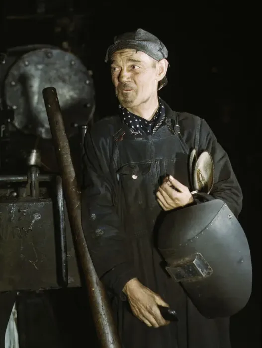 Framed Print : Welder at the C & NW RR locomotive shops, 40th Street shops, Chicago, Ill. 1942. Creator: Jack Delano Framed Print : Welder at the C & NW RR locomotive shops, 40th Street shops, Chicago, Ill. 1942. Creator: Jack Delano