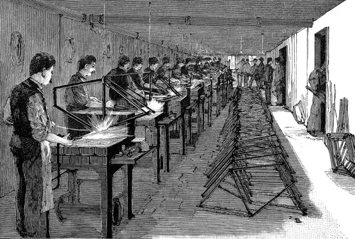Framed Print : Welding bicycle frames in an American factory, 1900 Framed Print : Welding bicycle frames in an American factory, 1900