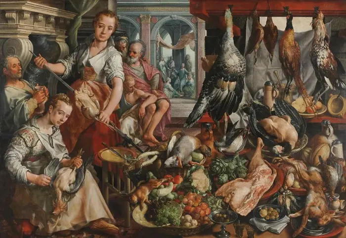 Framed Print : The Well-stocked Kitchen, with Jesus in the House of Martha and Mary in the Background, 1566. Creator: Joachim Bueckelaer