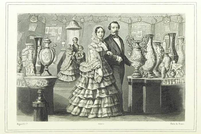 Framed Print : Well-to-do French couple looking at vases, 1865. Creator: Unknown