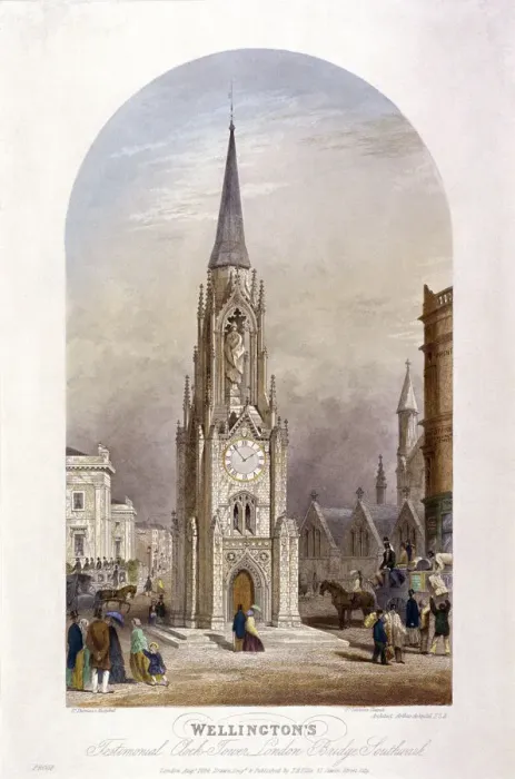 Framed Print : Wellington Clock Tower at the southern end of Southwark Bridge, London, 1854. Artist Framed Print : Wellington Clock Tower at the southern end of Southwark Bridge, London, 1854. Artist