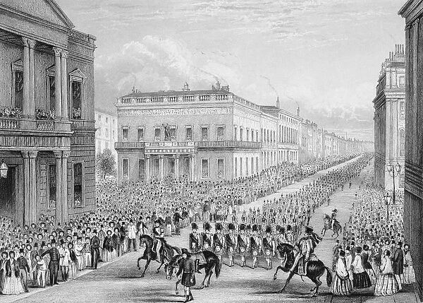 Wellingtons funeral procession passing the Senior United Service Club, Pall Mall, London, 1852
