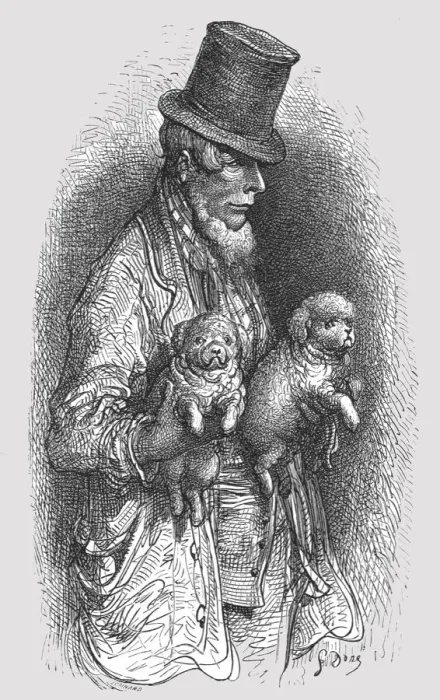 Framed Print : The West End Dog Fancier, 1872. Creator: Gustave Doré Framed Print : The West End Dog Fancier, 1872. Creator: Gustave Doré