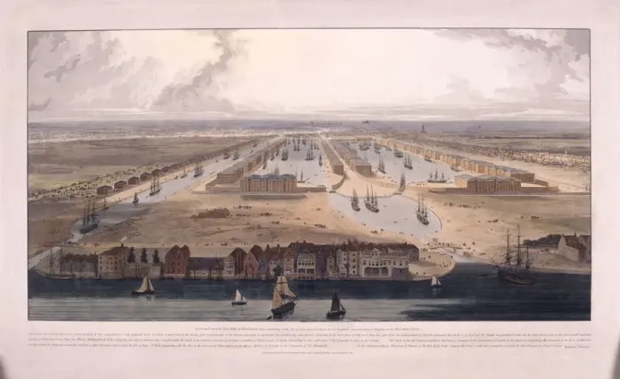 Framed Print : West India Docks, Poplar, London, 1802. Artist: William Daniell Framed Print : West India Docks, Poplar, London, 1802. Artist: William Daniell