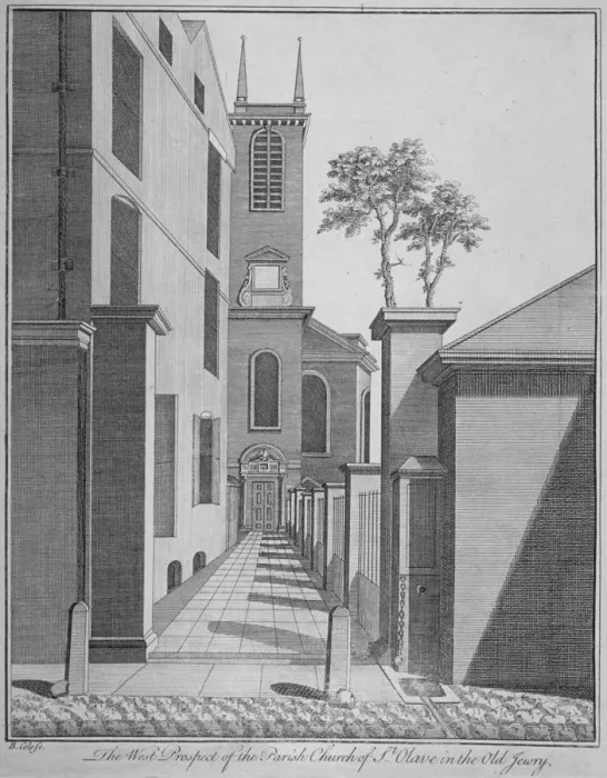 Framed Print : West prospect of the Church of St Olave Jewry from Ironmonger Lane, City of London, 1750 Framed Print : West prospect of the Church of St Olave Jewry from Ironmonger Lane, City of London, 1750