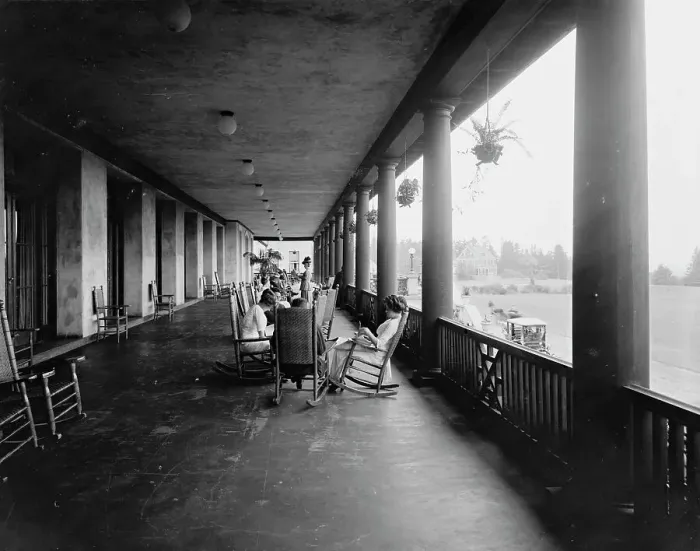 Framed Print : On the west veranda, Hotel Champlain, Bluff Point, N.Y. c.between 1910 and 1920. Creator: Unknown Framed Print : On the west veranda, Hotel Champlain, Bluff Point, N.Y. c.between 1910 and 1920. Creator: Unknown