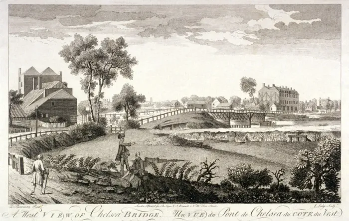 Framed Print : West view of Chelsea Bridge, London, c1760. Artist: William Lodge Framed Print : West view of Chelsea Bridge, London, c1760. Artist: William Lodge