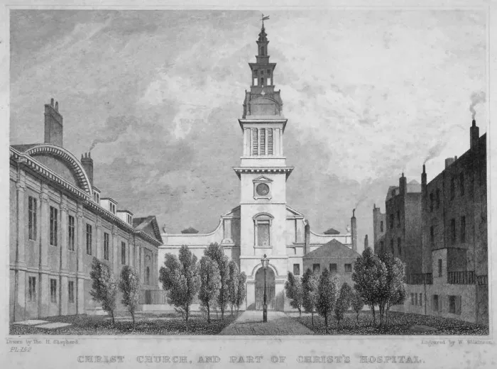 Framed Print : West view of Christ Church, Newgate Street, with part of Christs Hospital, City of London, 1830 Framed Print : West view of Christ Church, Newgate Street, with part of Christs Hospital, City of London, 1830