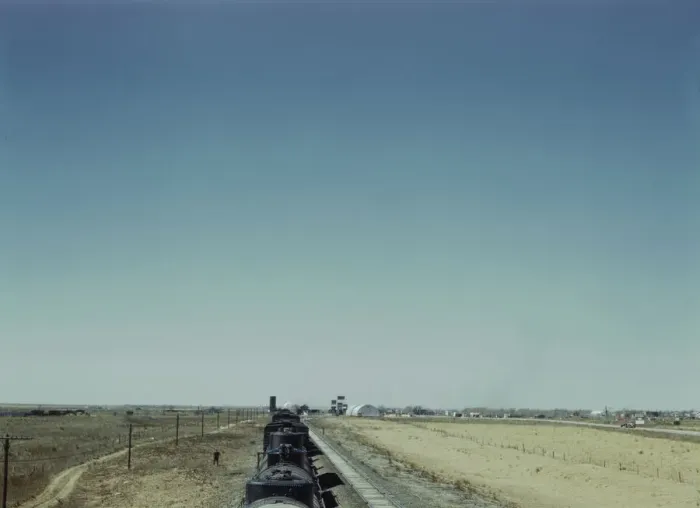 Framed Print : Westbound freight train stopping for water, Melrose, New Mexico, 1943. Creator: Jack Delano Framed Print : Westbound freight train stopping for water, Melrose, New Mexico, 1943. Creator: Jack Delano