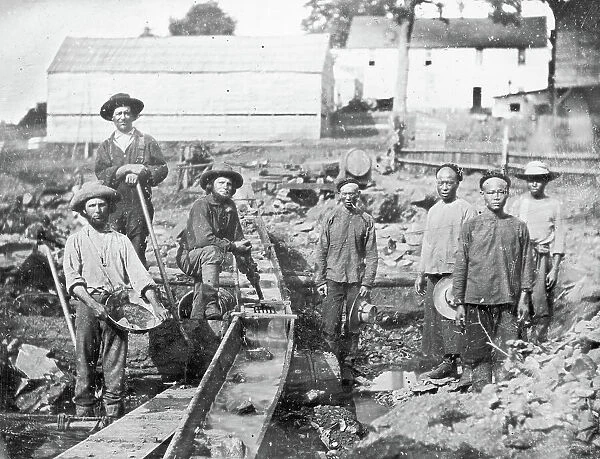 Western and Chinese miners during the California Gold Rush at Auburn Ravine, 1852. Creator: Anonymous