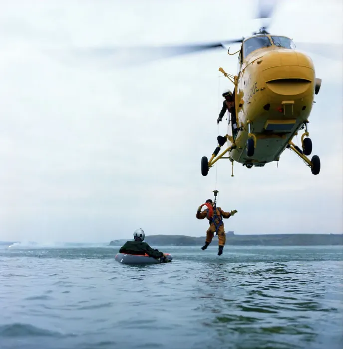 Framed Print : Westland Whirlwind helicopter making a rescue, 1973. Artist: Michael Walters Framed Print : Westland Whirlwind helicopter making a rescue, 1973. Artist: Michael Walters