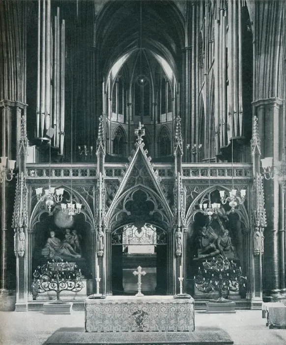Framed Print : Westminster Abbey, London, showing Benno Elkans Old Testament and New Testament Candelabra, c1942 Framed Print : Westminster Abbey, London, showing Benno Elkans Old Testament and New Testament Candelabra, c1942