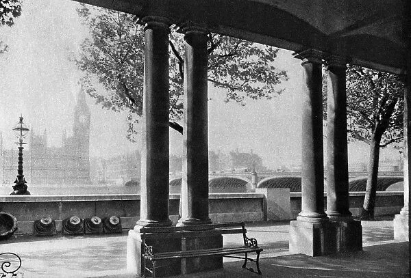 Westminster Bridge and Big Ben from the terrace of St Thomass Hospital, 1926-1927