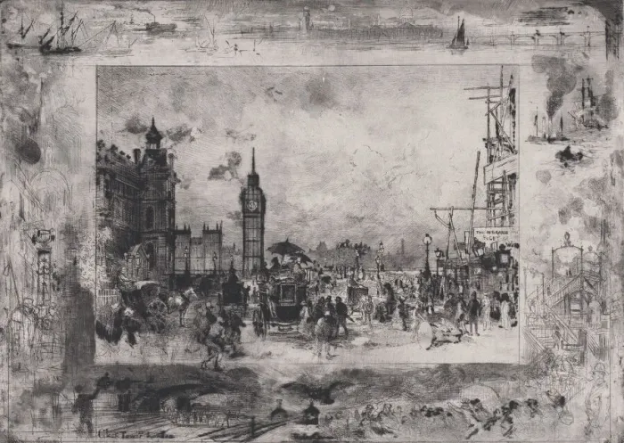 Framed Print : Westminster Bridge, or Westminster Clock Tower, 1860-98. Creator: Felix Hilaire Buhot Framed Print : Westminster Bridge, or Westminster Clock Tower, 1860-98. Creator: Felix Hilaire Buhot