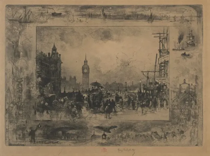 Framed Print : Westminster Bridge, or Westminster Tower, 1884. Creator: Felix Hilaire Buhot (French Framed Print : Westminster Bridge, or Westminster Tower, 1884. Creator: Felix Hilaire Buhot (French