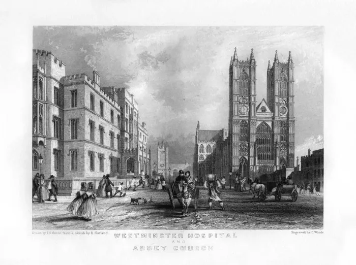 Framed Print : Westminster Hospital and Abbey Church, London, 19th century. Artist: J Woods Framed Print : Westminster Hospital and Abbey Church, London, 19th century. Artist: J Woods