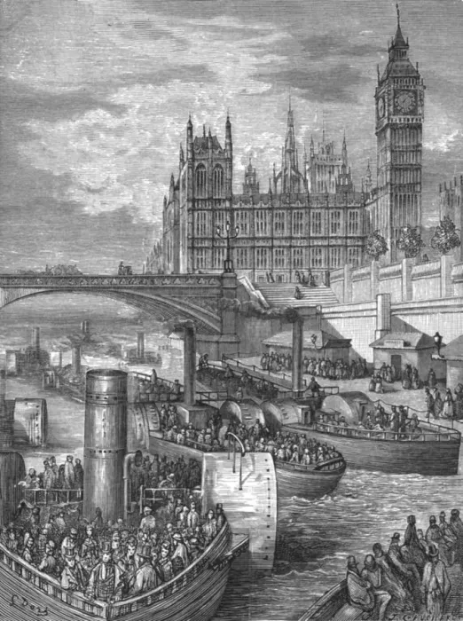 Framed Print : Westminster Stairs - Steamers Leaving, 1872. Creator: Gustave Doré Framed Print : Westminster Stairs - Steamers Leaving, 1872. Creator: Gustave Doré