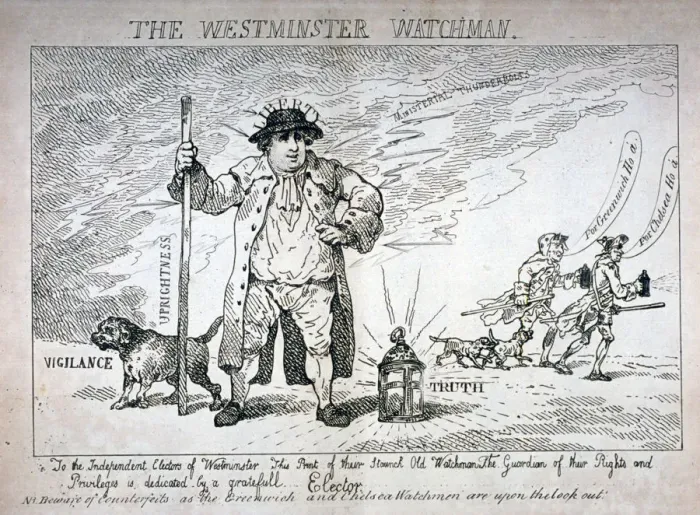 Framed Print : The Westminster Watchman, 1784. Artist: Thomas Rowlandson Framed Print : The Westminster Watchman, 1784. Artist: Thomas Rowlandson