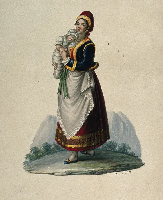 Framed Print : A wet-nurse dressed in Neapolitan costume holding a baby. Creator: M de Sate Framed Print : A wet-nurse dressed in Neapolitan costume holding a baby. Creator: M de Sate