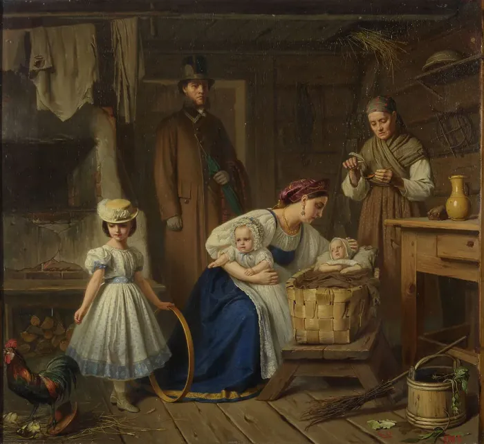 Framed Print : Wet nurse visited her sick child, 1860s Framed Print : Wet nurse visited her sick child, 1860s