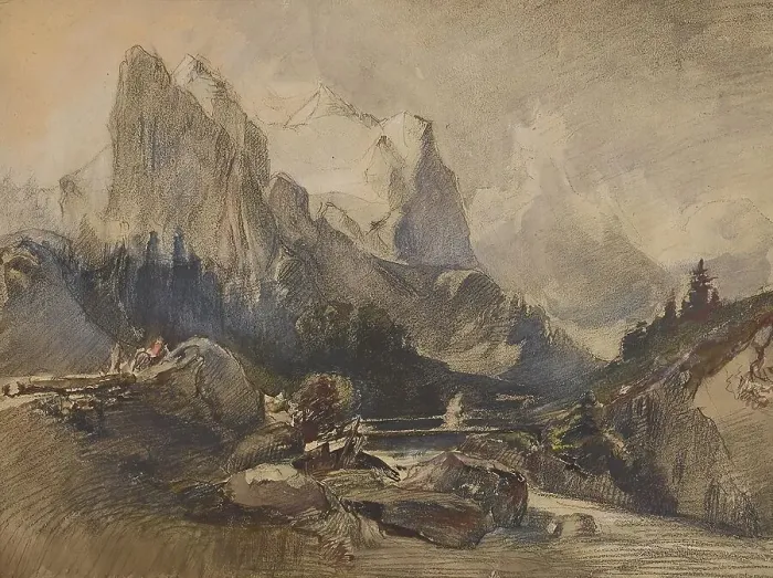 Framed Print : The Wetterhorn in the Bernese Oberland, undated. Creator: Alexandre Calame Framed Print : The Wetterhorn in the Bernese Oberland, undated. Creator: Alexandre Calame