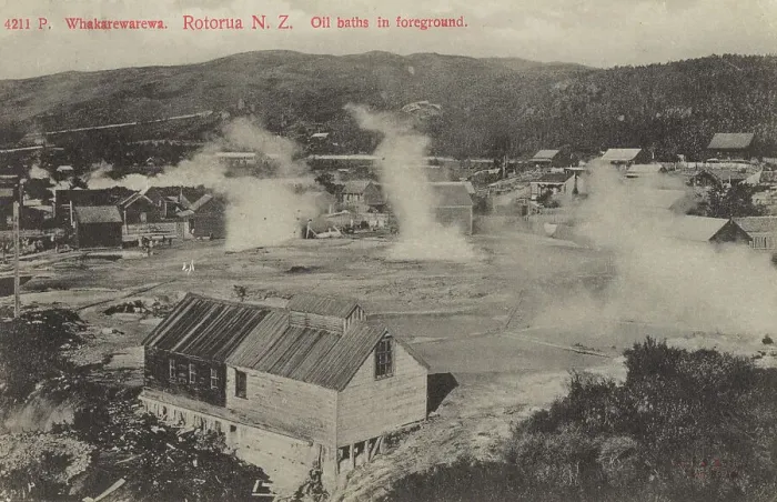Framed Print : Whakarewarewa, Rotorua, New Zealand, oil baths in foreground, 1904-1915. Creator: Muir & Moodie Framed Print : Whakarewarewa, Rotorua, New Zealand, oil baths in foreground, 1904-1915. Creator: Muir & Moodie