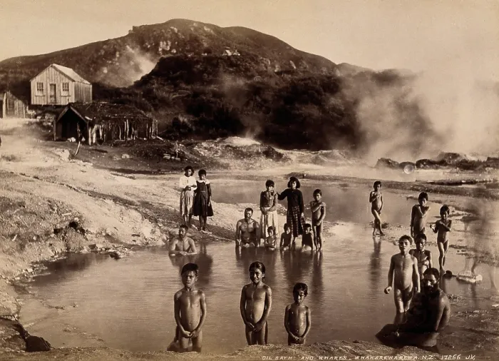 Framed Print : Whakarewrewa, New Zealand: a group of Maori people, thermal baths, ... c1880s. Creator: Unknown Framed Print : Whakarewrewa, New Zealand: a group of Maori people, thermal baths, ... c1880s. Creator: Unknown