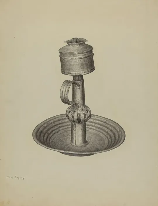 Framed Print : Whale Oil Peg Lamp and Stand, c. 1940. Creator: Neva Coffey Framed Print : Whale Oil Peg Lamp and Stand, c. 1940. Creator: Neva Coffey