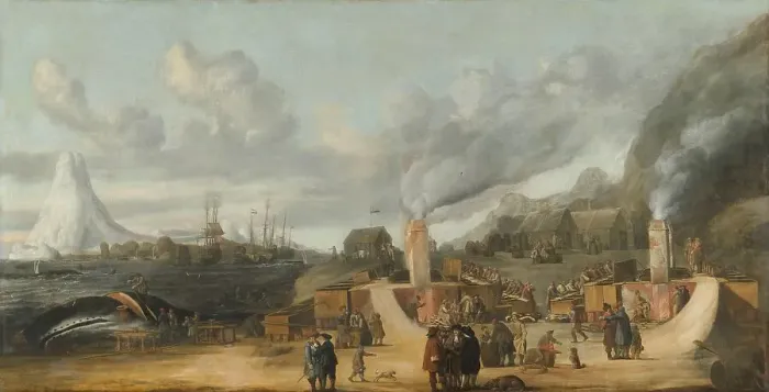 Framed Print : The Whale-oil Refinery near the Village of Smerenburg, 1639. Creator: Cornelis de Man Framed Print : The Whale-oil Refinery near the Village of Smerenburg, 1639. Creator: Cornelis de Man