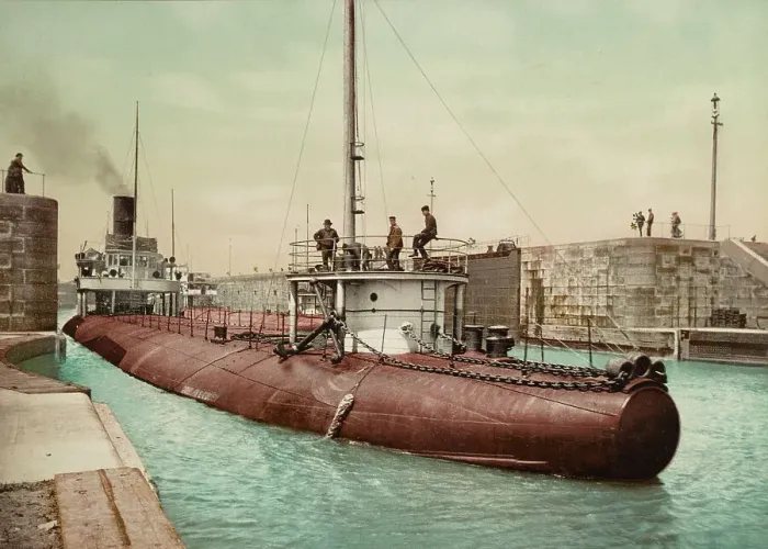 Framed Print : Whaleback leaving Poe Lock, Sault Ste. Marie, Michigan, c1899. Creator: Unknown. Whaleback leaving Poe Lock, Sault Ste. Marie, Michigan, c1899. Creator: Unknown Framed Print : Whaleback leaving Poe Lock, Sault Ste. Marie, Michigan, c1899. Creator: Unknown. Whaleback leaving Poe Lock, Sault Ste. Marie, Michigan, c1899. Creator: Unknown