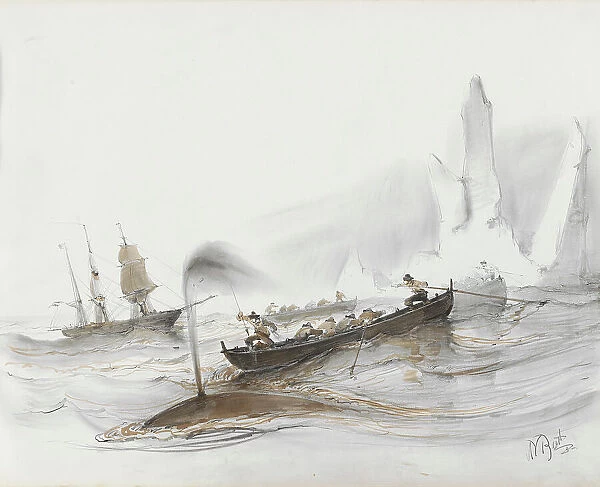 Whales by an ice floe, 1830-1860. Creator: Albertus van Beest