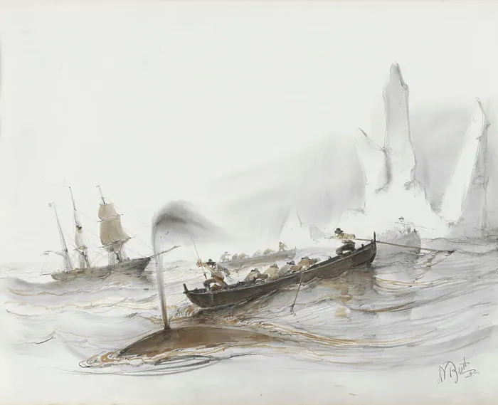 Framed Print : Whales by an ice floe, 1830-1860. Creator: Albertus van Beest Framed Print : Whales by an ice floe, 1830-1860. Creator: Albertus van Beest